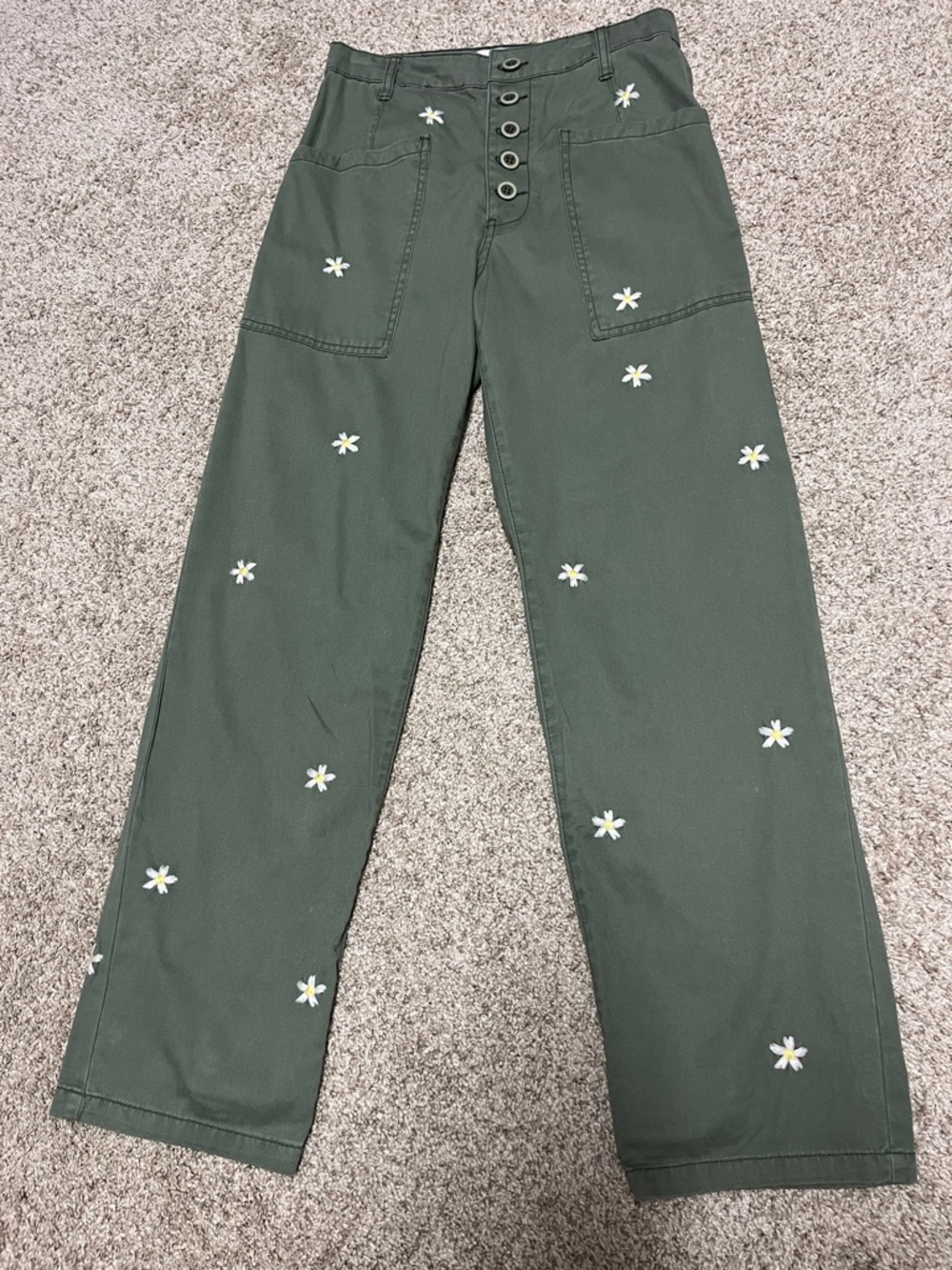 NWOT Pistola Tammy Green Daisy-Embroidered Button-Up High Rise Pants